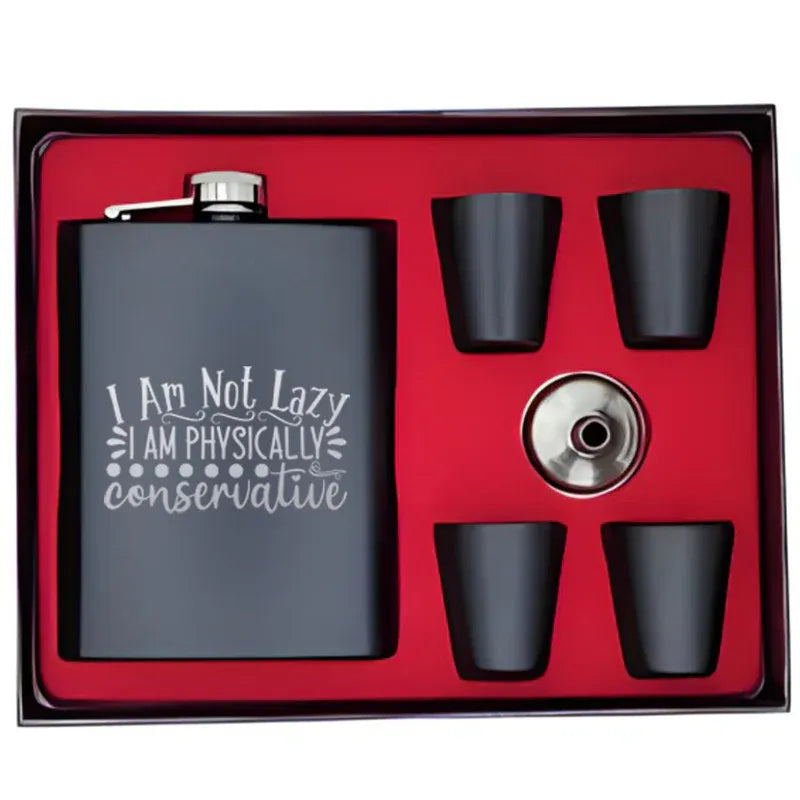 Black flask set with cups and a lid in a red box, featuring humorous text.