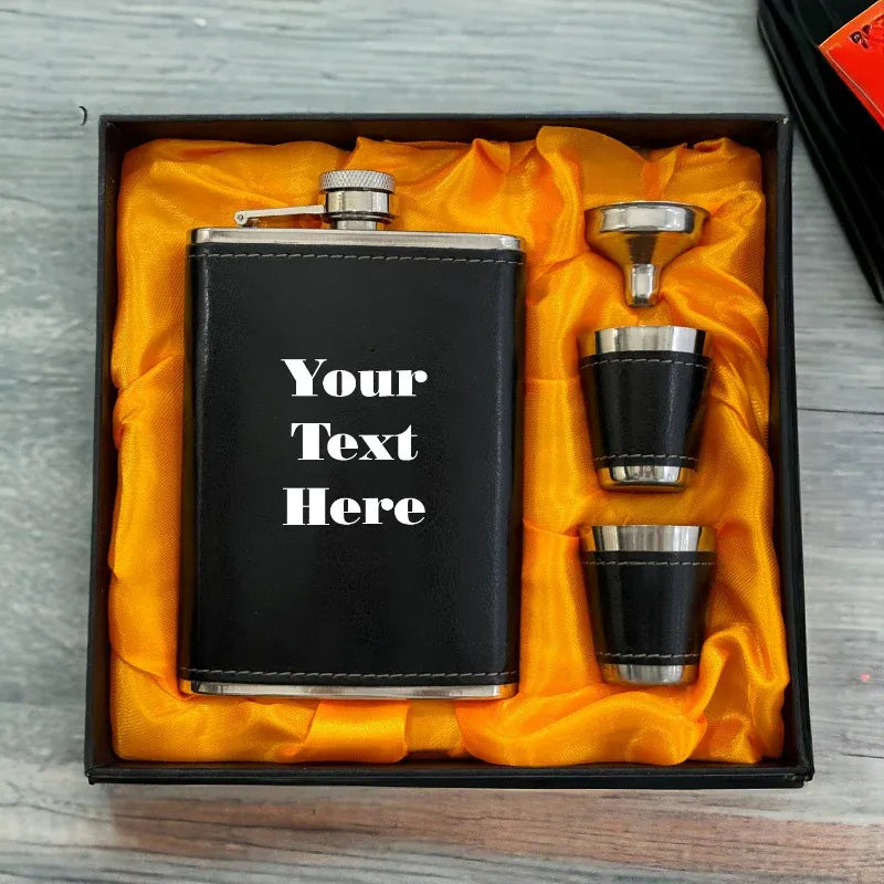 Black flask set with 'Your Text Here' text in a box with orange lining.