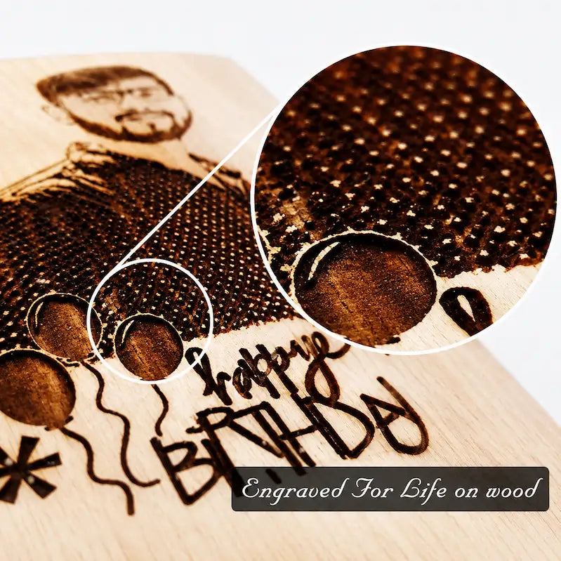 Close-up of a laser-engraved wooden plaque or sign showing a portrait, balloons, and the words 'Happy Birthday' with a circular inset highlighting the engraved wood texture.