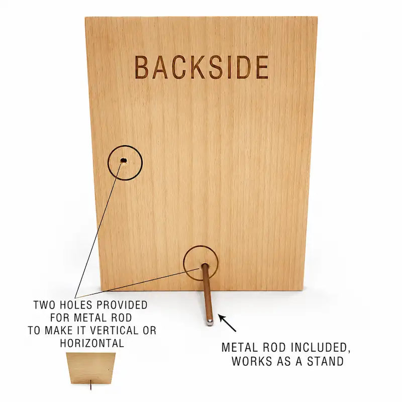 A light wood wall-mounted display board labeled BACKSIDE, shown on a white background with callout text explaining two included metal rod holes for hanging or standing use.
