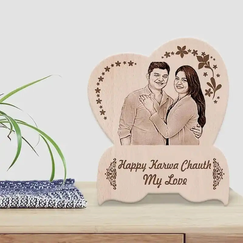 personalized wooden photo frame gift - karwa chauth gift for wife on wooden table