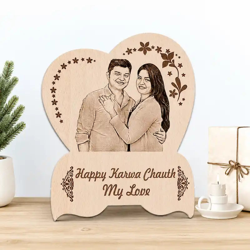 custom couple photo frame - best karwa chauth gift idea for wife, engraved wood