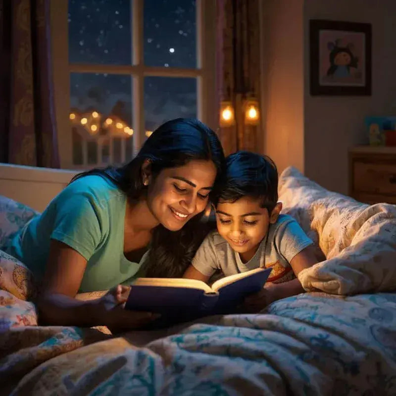 Woman and child reading a book in bed at night