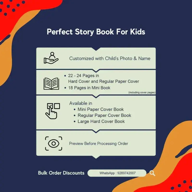 Promotional graphic for a kids' story book service on a dark navy background with abstract orange and red shapes. The central panel lists features: customization with child's photo and name, 22-24 pages in hard cover and regular paper cover with 18 pages in mini book, available in mini paper cover book, regular paper cover book, and large hard cover book, and a preview before processing order.