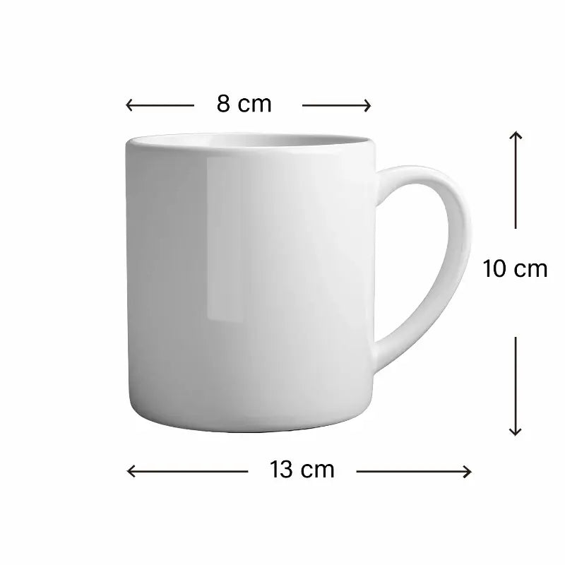 White ceramic mug with dimension arrows and labels showing width as 8 cm, height as 10 cm, and base diameter as 13 cm on a light gray background.