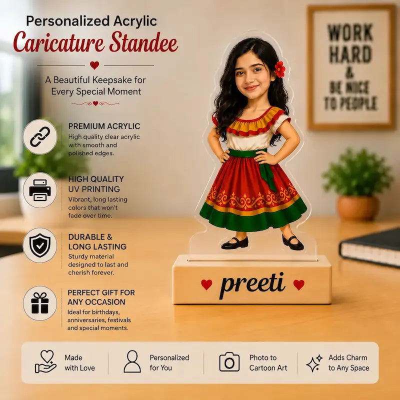 Personalized acrylic caricature standee featuring a cartoon-style girl in a traditional Indian outfit, displayed on a white base with the name 'preeti' and hearts. The image includes marketing text, icons, and a blurred home background.