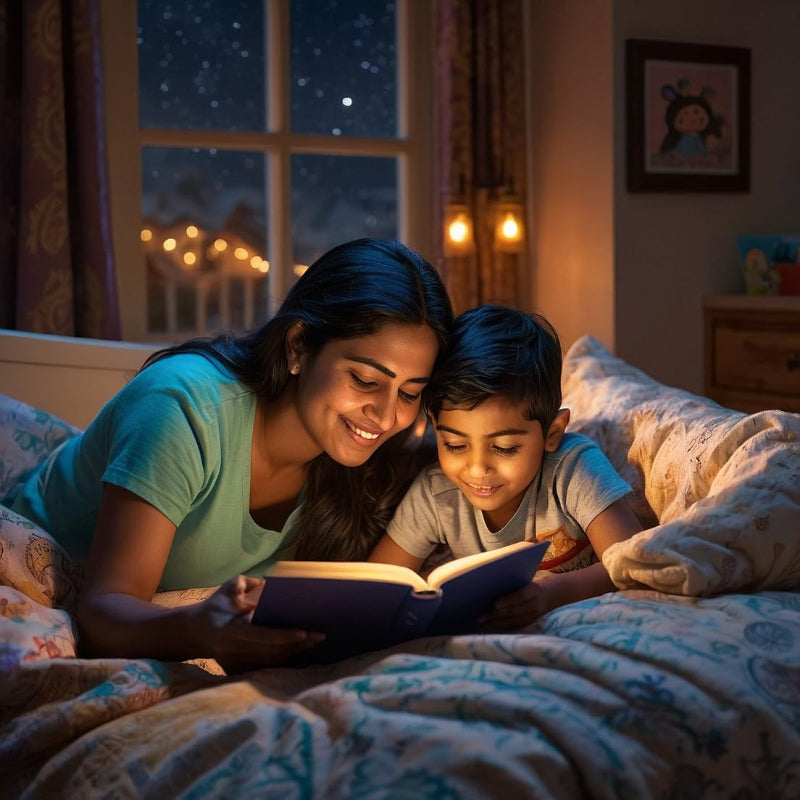 Woman and child reading a book in bed at night with a window view.