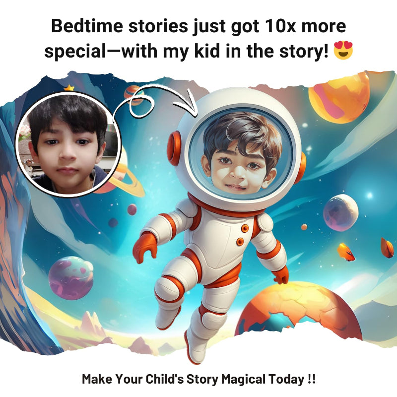 Illustration of a child in an astronaut suit with space-themed background, featuring text about bedtime stories.
