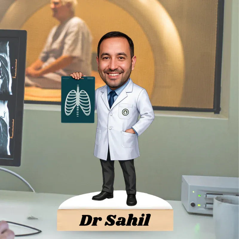 Bobblehead figure of a doctor named Dr Sahil with medical background