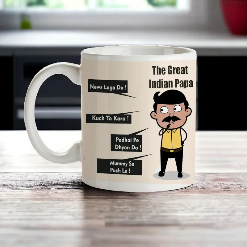 Mug with cartoon character and text on a wooden surface