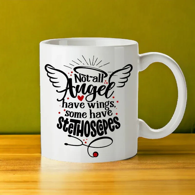 White mug with text and stethoscope graphic on a wooden surface with green background