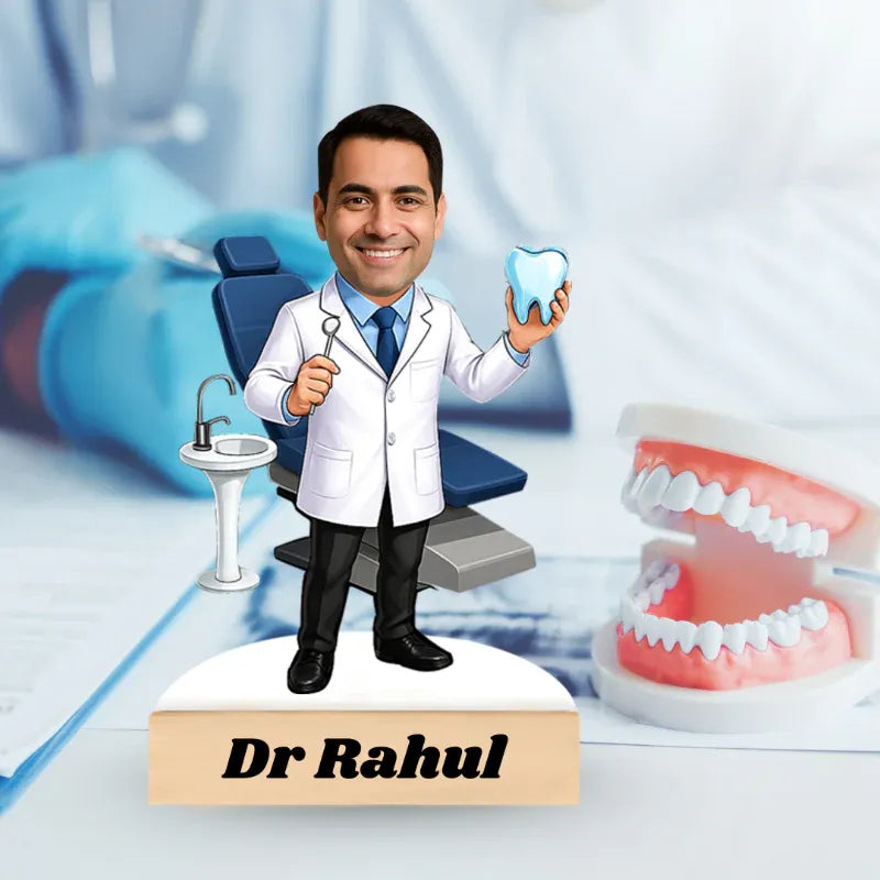 Caricature of a dentist holding a tooth with dental tools and models in the background