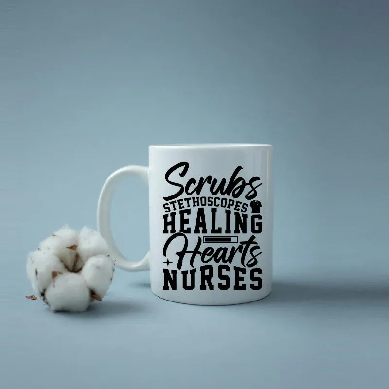 White mug with 'Scrubs Stethoscopes Healing Hearts Nurses' text on a light blue background with cotton.