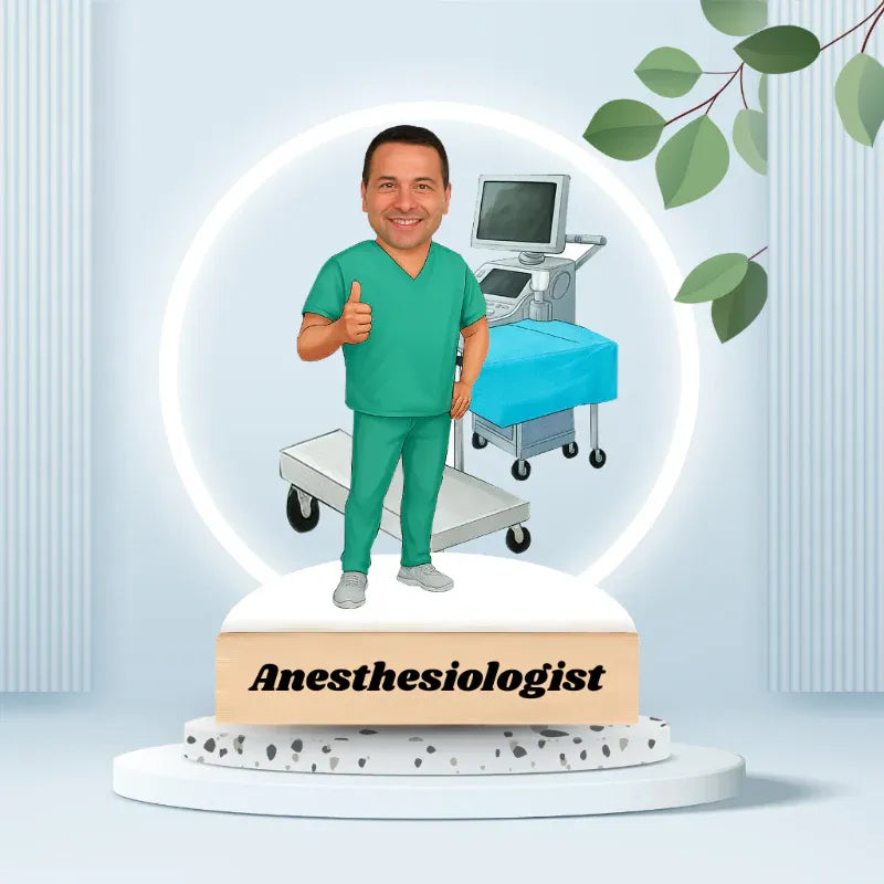 Figurine of an anesthesiologist in green scrubs with a medical background