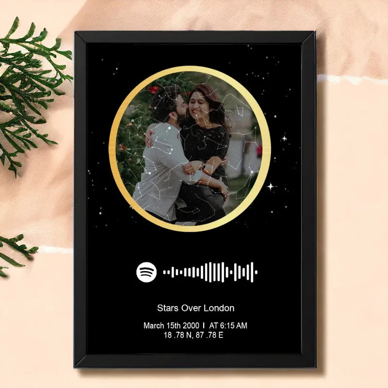 A personalized photo spotify star map with a black border, featuring a couple embracing, a star map background, and a Spotify logo, with an option to add a song link.
