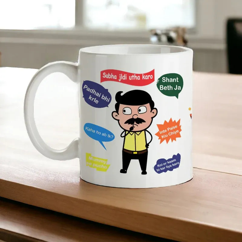 White mug with cartoon character and text on a wooden surface