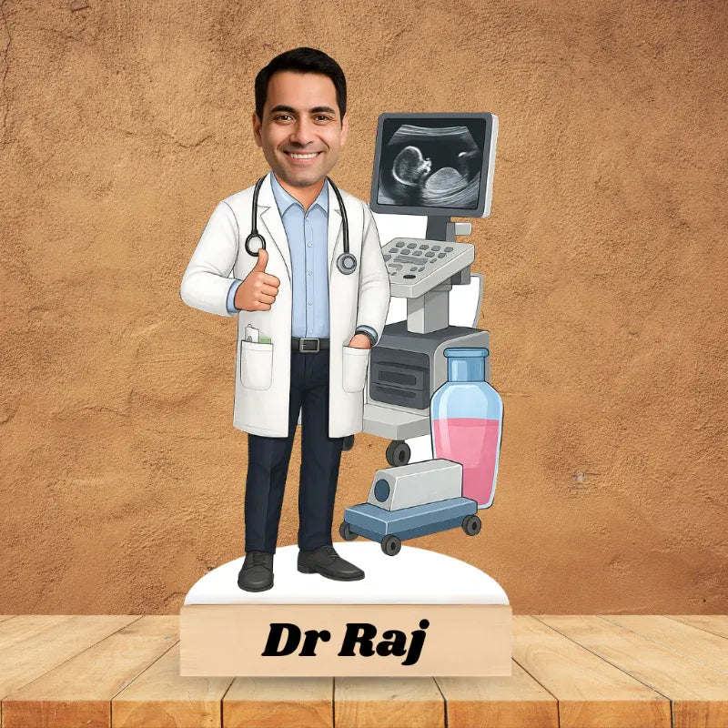 Cartoon doctor figure with ultrasound machine and medical equipment on a brown background