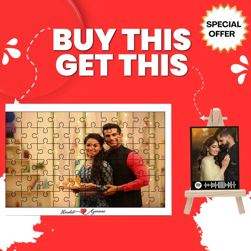Promotional offer with a couple's photo on a puzzle and a framed picture, set against a red background.