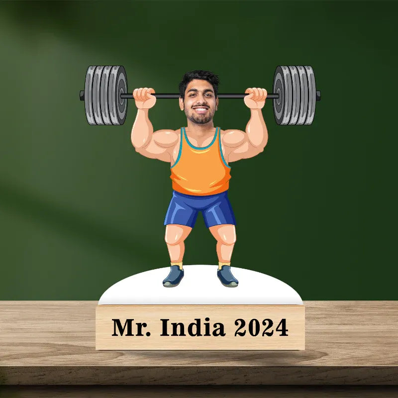 Illustration of a man lifting weights with 'Mr. India 2024' text on a green and wooden background