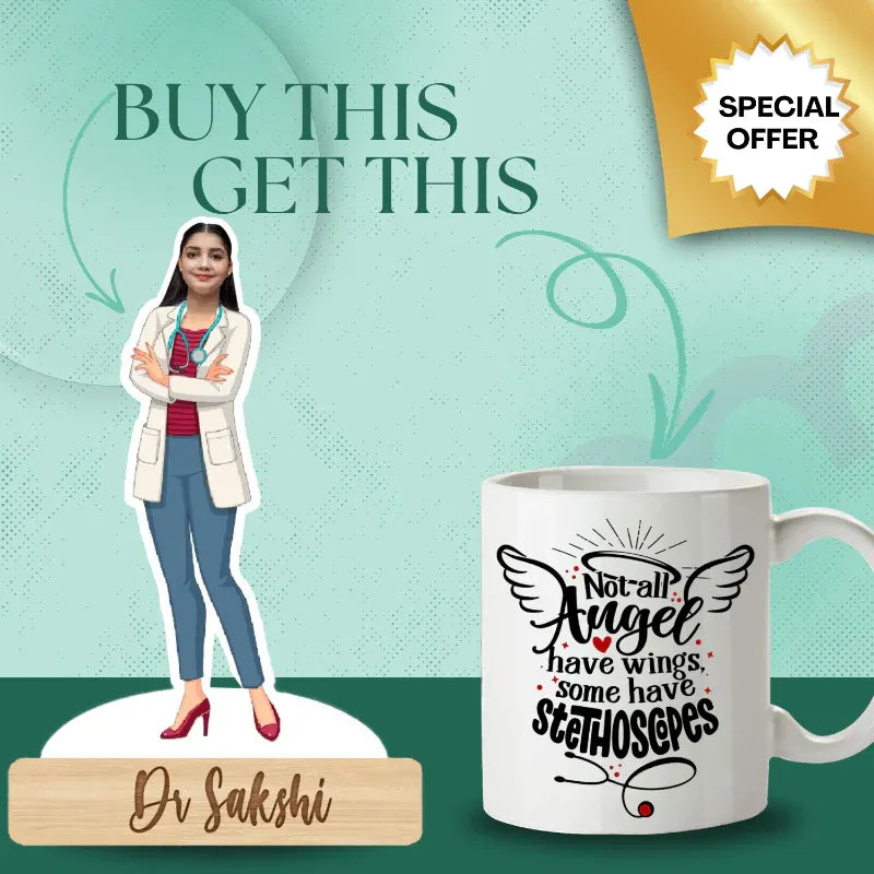 Promotional graphic with a mug and a standing figure of a doctor, featuring text about an offer.