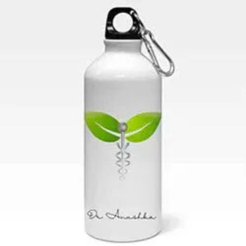 White water bottle with green leaf design and carabiner on a white background