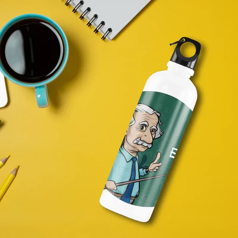 Water bottle with cartoon character design on a yellow surface with a cup and notebook.