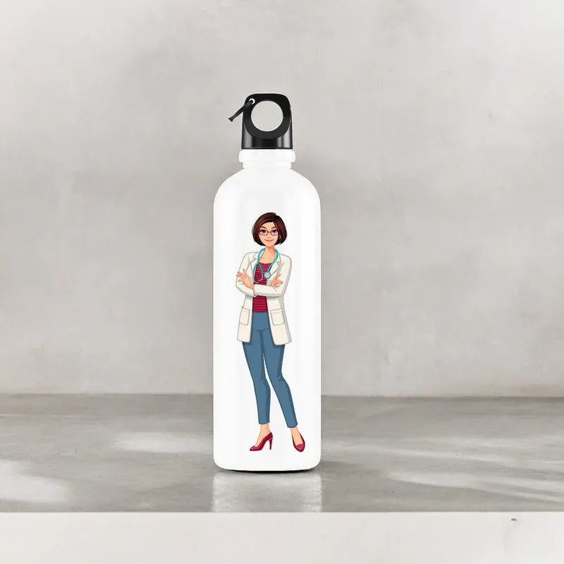 custom water bottle with a design of a person wearing a lab coat on a gray background