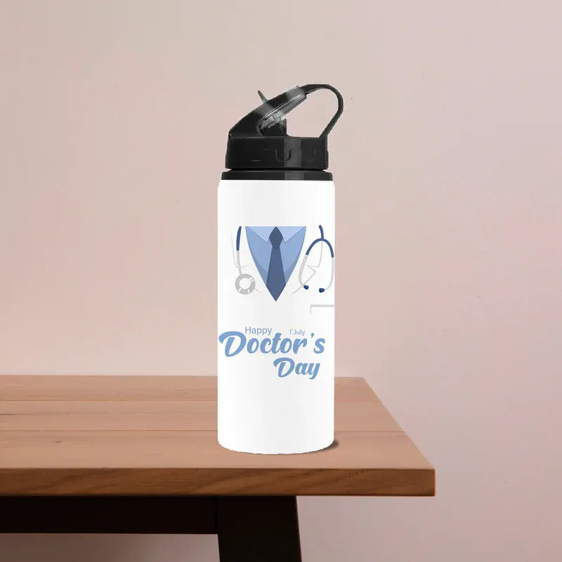 White custom water bottle with a doctor-themed design on a wooden table