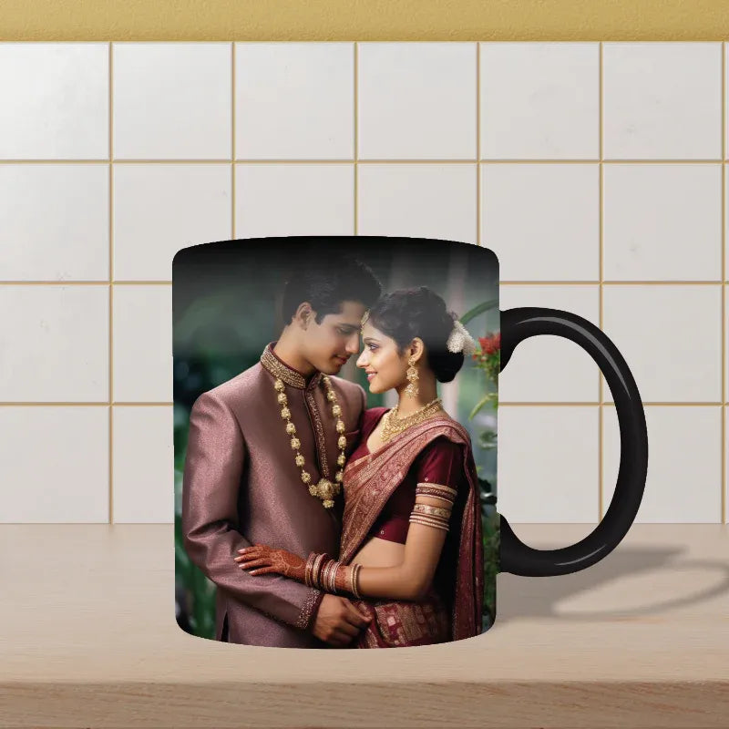 Mug with a printed design of a couple in traditional attire on a tiled wall background