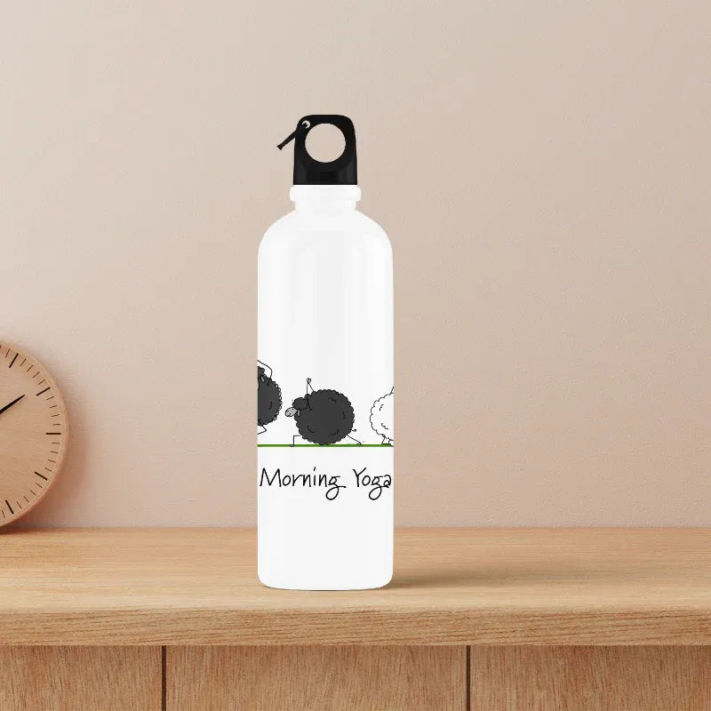 White water bottle with black hedgehog design and 'Morning Yoga' text on a wooden surface.