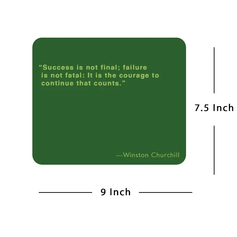 Green card with Winston Churchill quote and dimensions on a white background