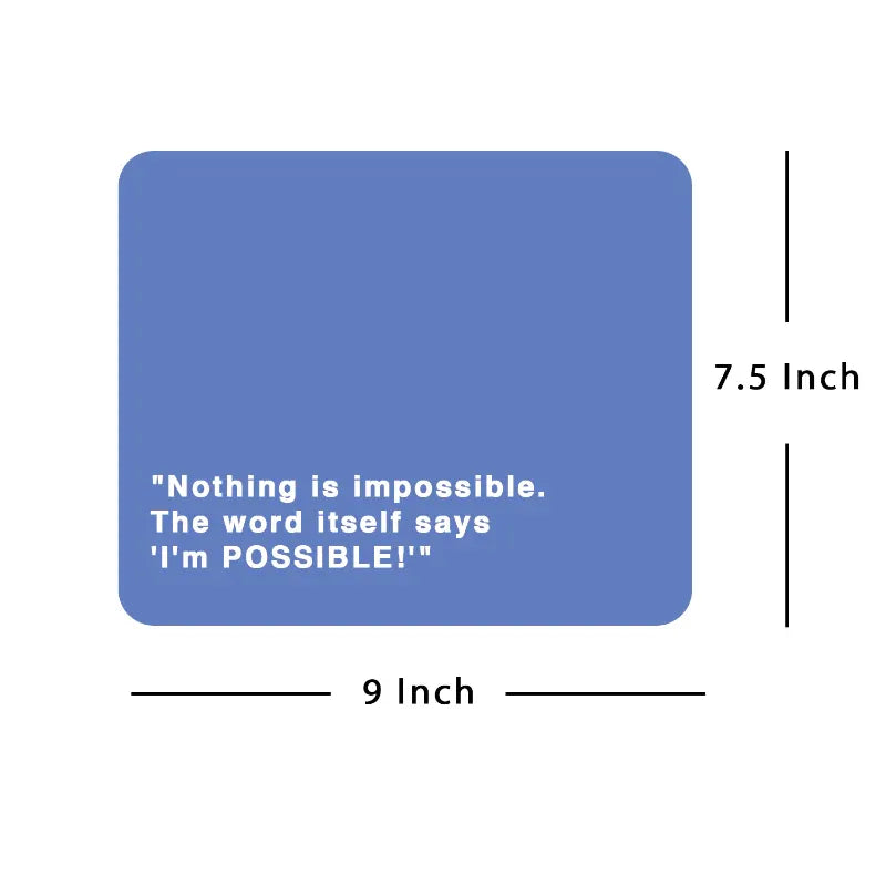 Blue square with motivational quote and dimensions on a white background