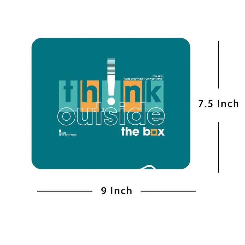 Teal mouse pad with 'think outside the box' text and dimensions on a white background