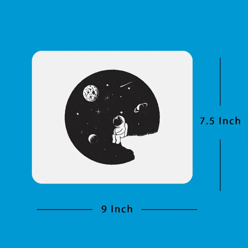 Illustration of custom mouse pad astronaut in space with dimensions on a blue background