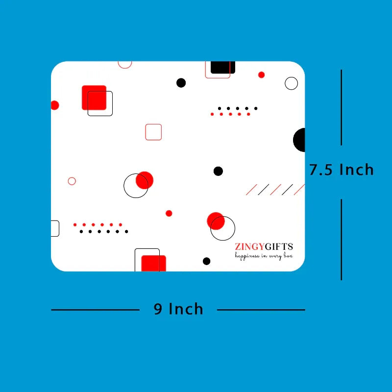 Product dimensions label with red, black, and white geometric design on a blue background