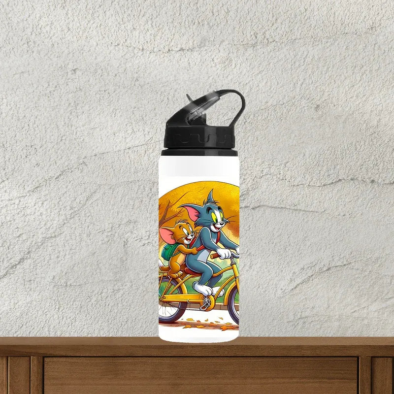 Water bottle with cartoon design of a cat and mouse on a white background