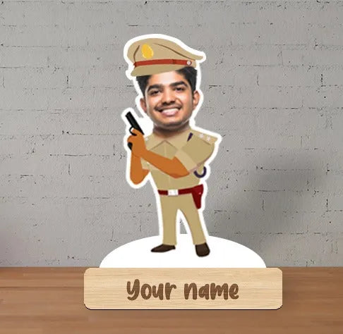 caricature of a person in police uniform holding a gun on a stand with 'Your name' label against a gray brick wall.