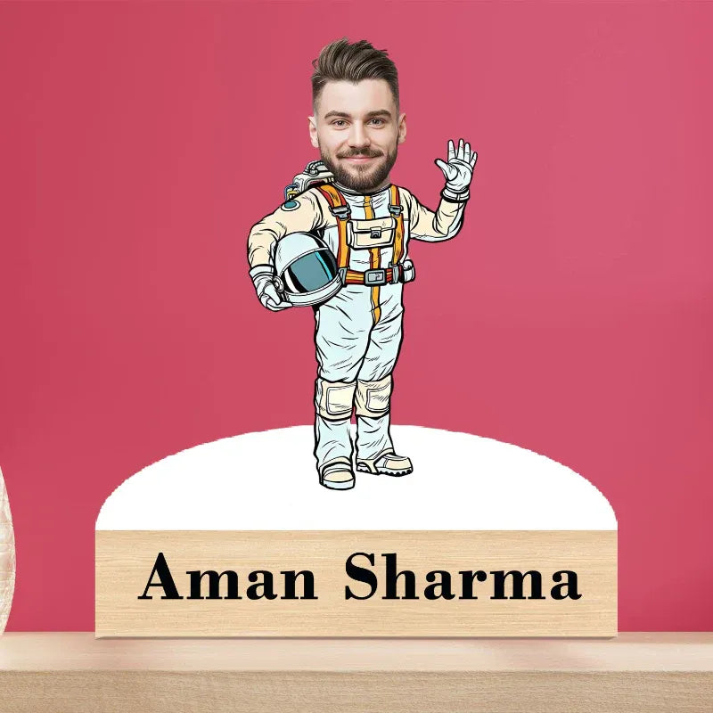 Illustration of a person in an astronaut suit with a red background and a nameplate below.