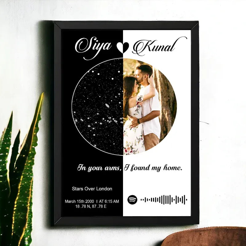 Personalized photo frame with a couple's picture and text on a white background