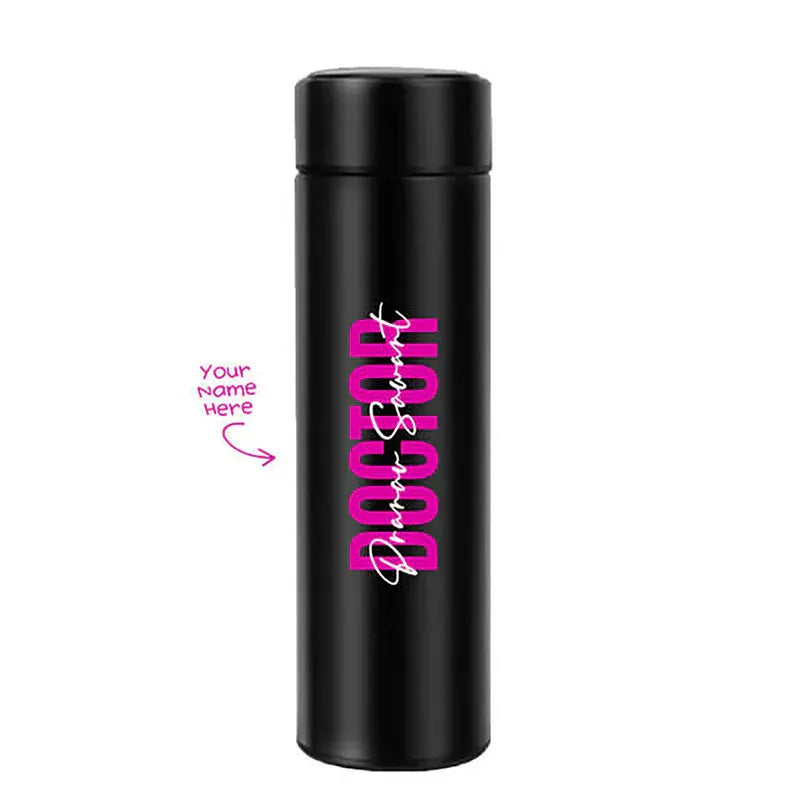 Black custom water bottle with pink text on a white background
