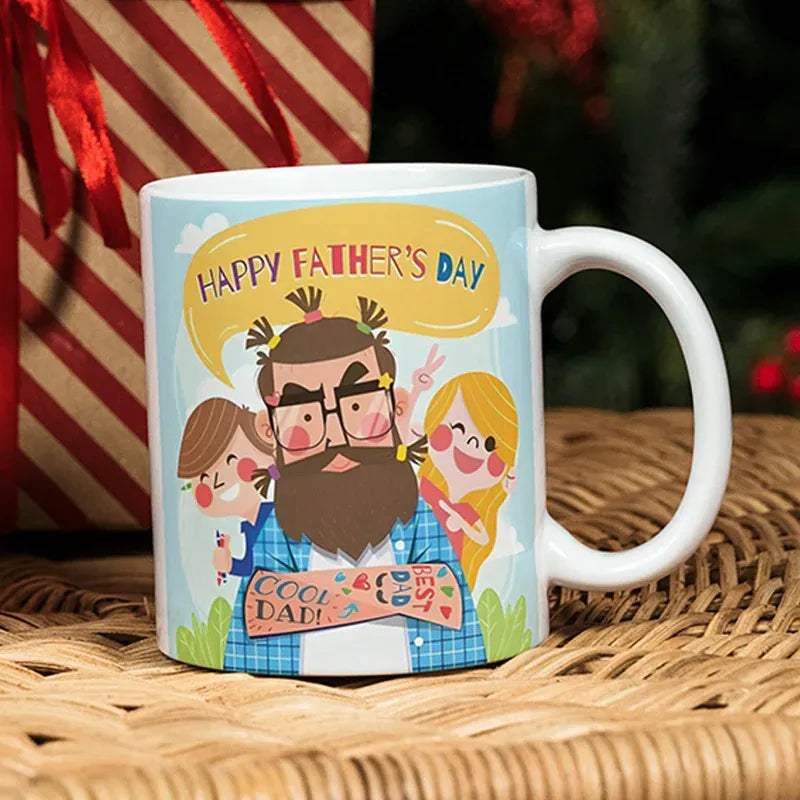 Mug with a father and children illustration and 'Happy Father's Day' text on a wicker surface.