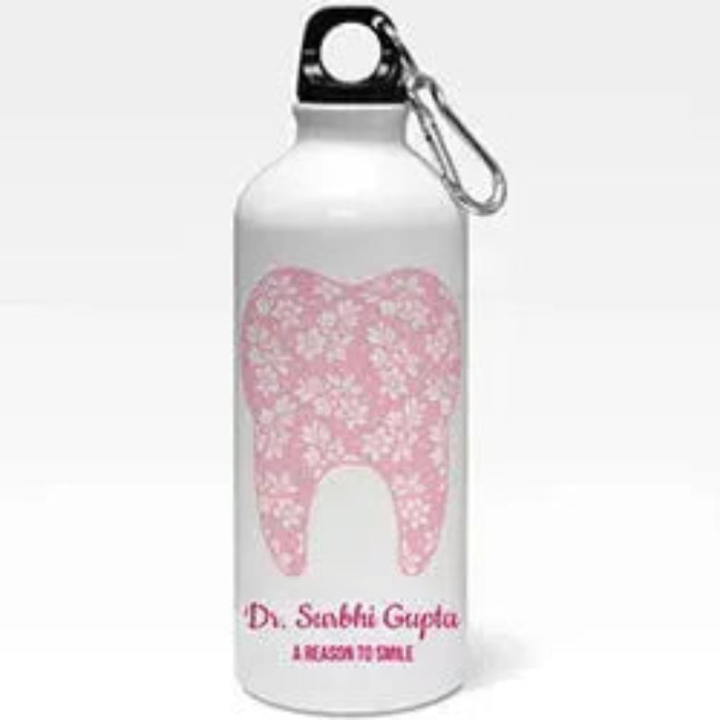 White water bottle with pink dental design and text on a white background