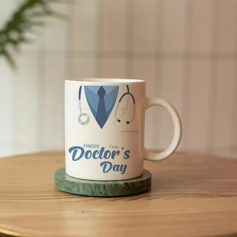 Mug with doctor-themed design and 'Happy Doctor's Day' text on a wooden surface.