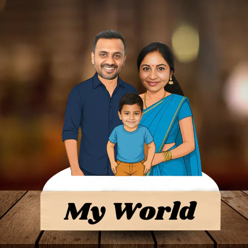 Illustrated family of three with a child in the center, standing on a wooden surface with 'My World' text.