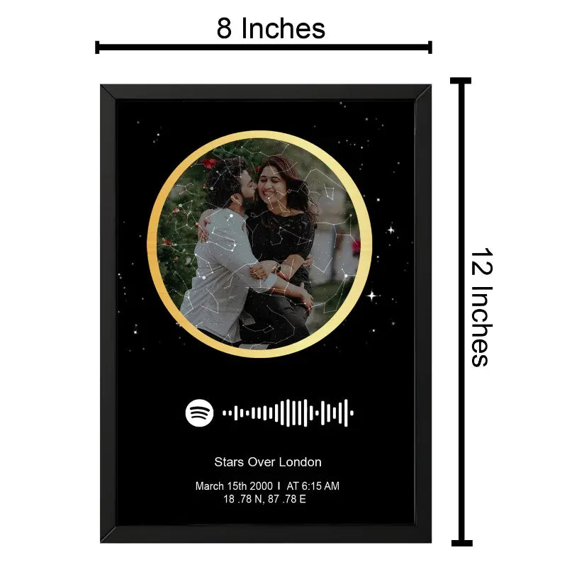 Black photo frame with circular cutout displaying a couple, Spotify logo, and text on a white background.