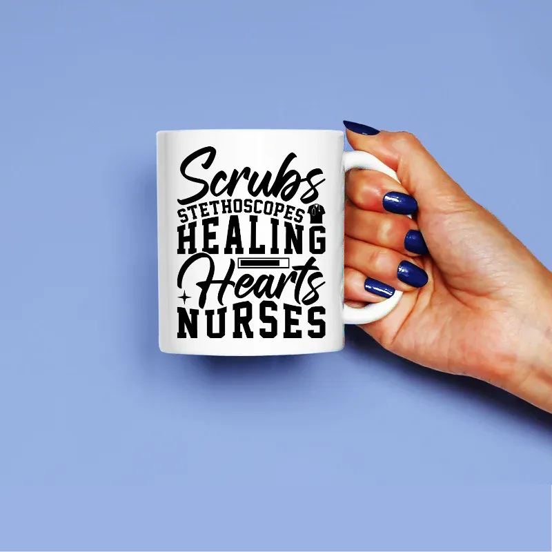 Hand holding a mug with 'Scrubs Stethoscopes Healing Hearts Nurses' text on a blue background