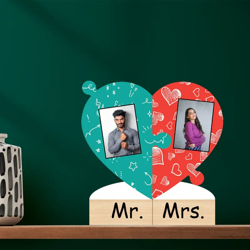 Heart-shaped photo frame with 'Mr.' and 'Mrs.' on a green background