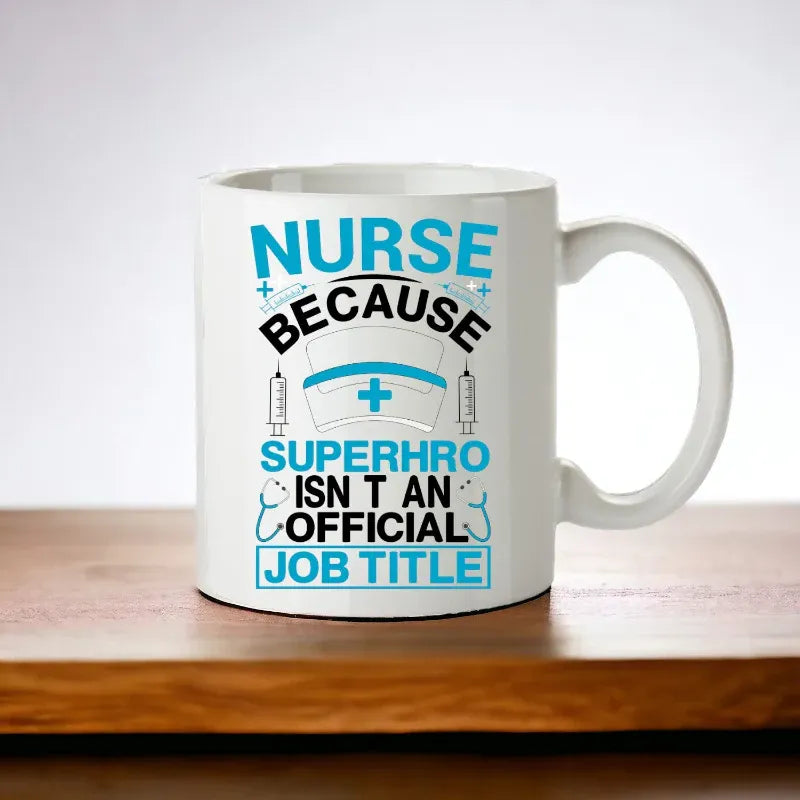 White mug with blue and black text on a wooden surface