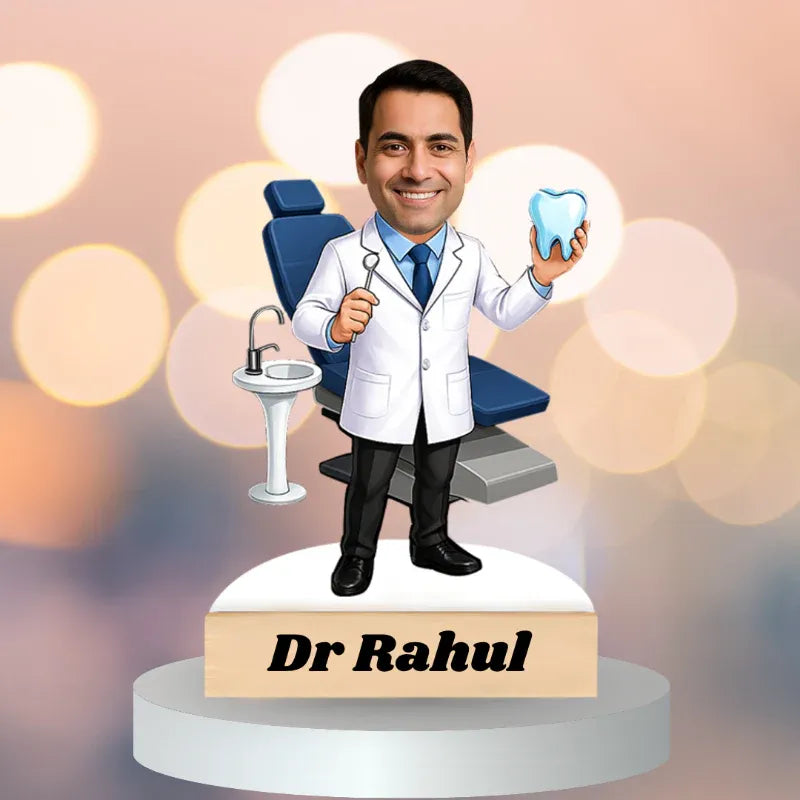 Figurine of a dentist named Dr. Rahul holding a tooth and dental tool, with a blurred dental office background.