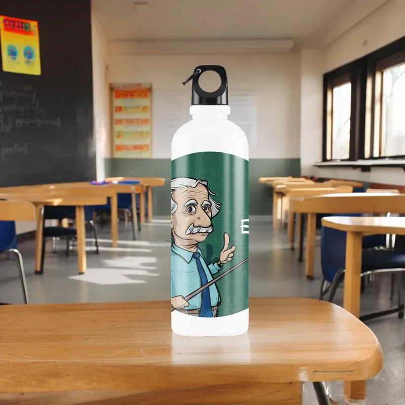 Water bottle with a cartoon character on a desk in a classroom